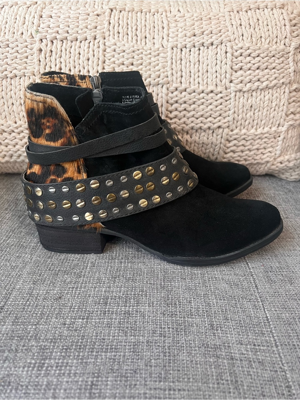 Black Leather Ankle Boots with Studded Strap and Leopard Accent